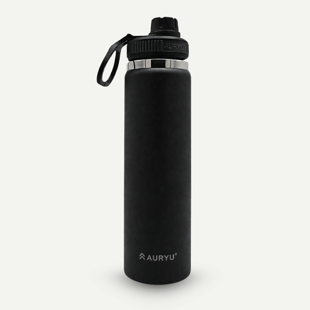 24oz Triple-Walled Stainless Steel Water Bottle Leak Proof, BPA-Free Thermos with Bonus Spout Lid Wide Mouth Flask for Travel, Hiking, Gym, Hot & Cold Use, Black