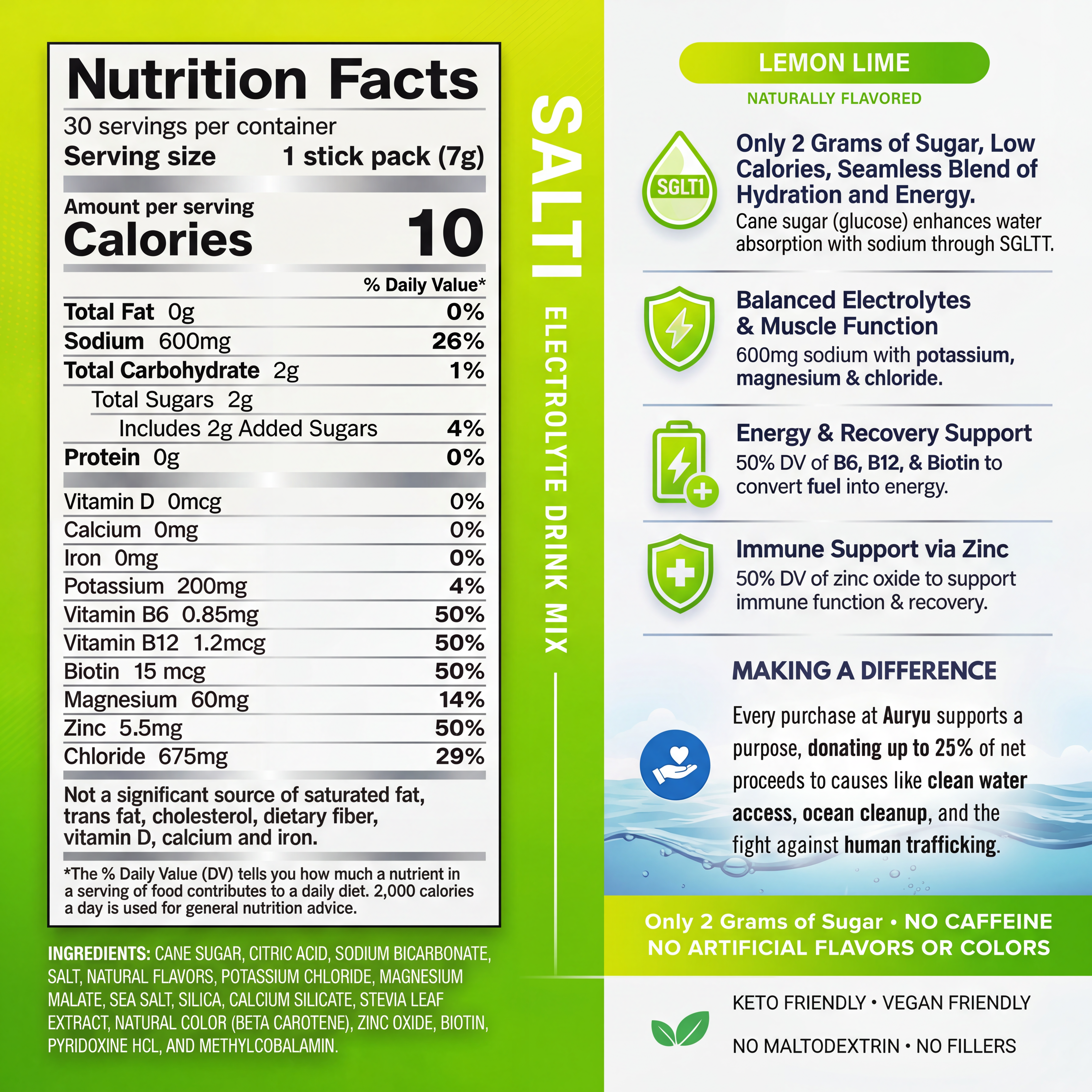 Electrolyte Drink Mix – Lemon Lime Flavor, 30 Stick Packs, B Vitamins & Essential Minerals, Only 2 Grams of Sugar